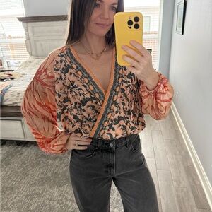 Free People Coral and Black Patterned Blouse